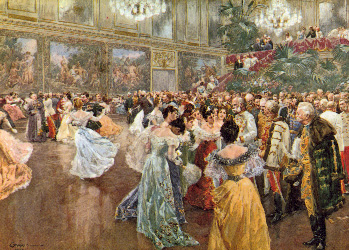 Aristocrats gathering around Emperor Franz Joseph at a ball in the Hofburg Imperial Palace, painting by Wilhelm Gause (1900)